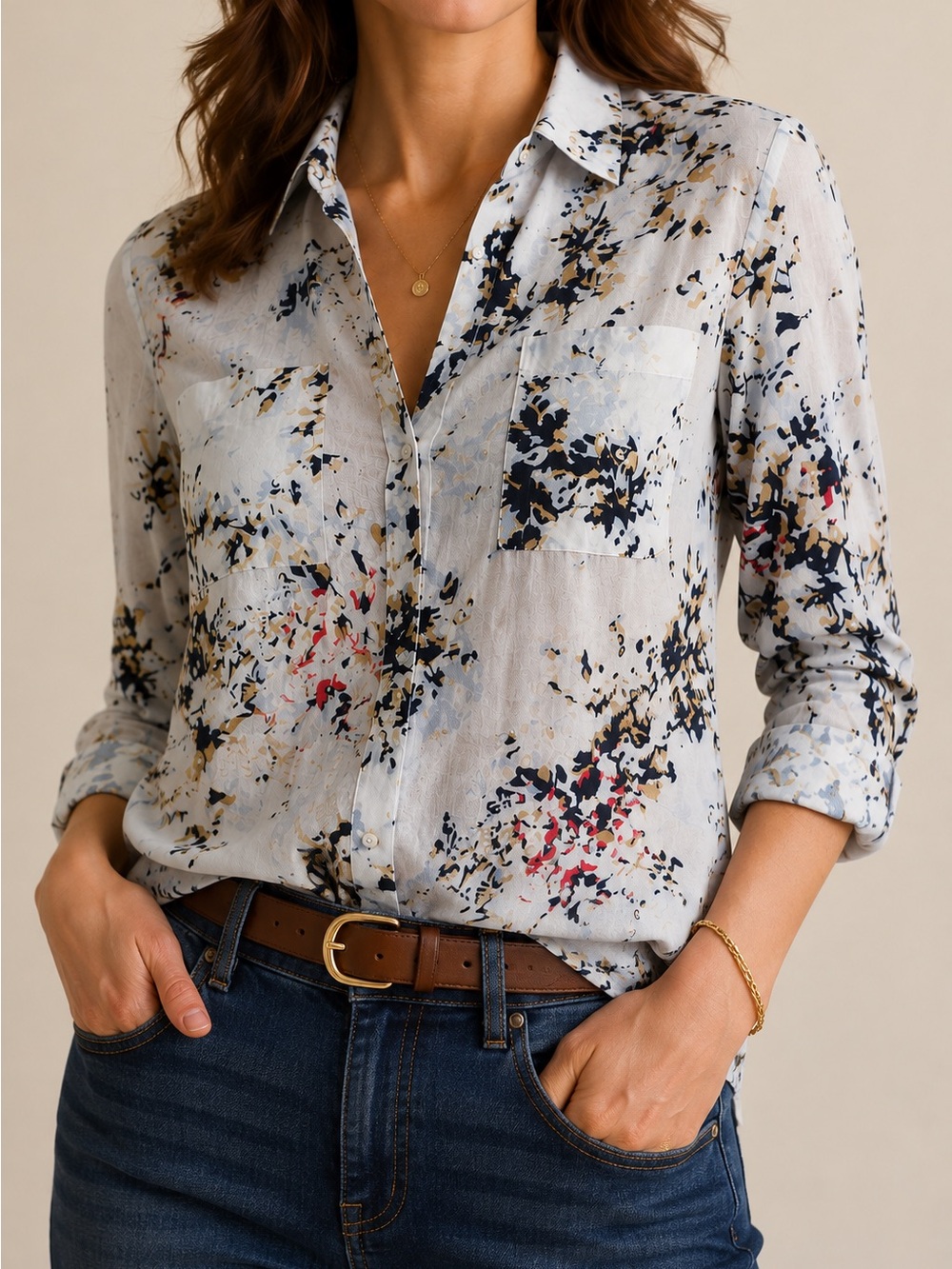 White House Black Market Abstract Print Cotton Silk Button Down Blouse Size 12